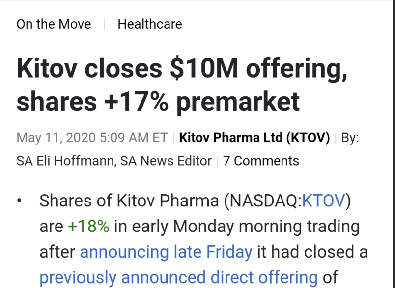 6. Once I calmed down, my first reaction was, "oh shit, this is a direct offering". The last time  $KTOV did a direct offering, the stock went up 17% pre-market. Now, you might ask, why did it go down? I believe there's multiple variables here, let's discuss them...