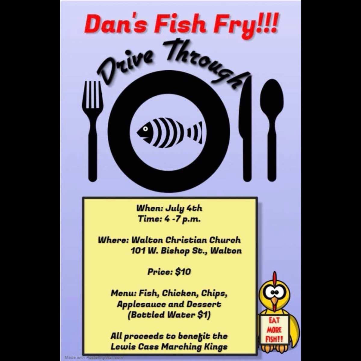 LCMarchingKings's tweet photo. In lieu of our normal Independence Day festivities, come and join us for the annual LCMK Fish Fry on July 4th this year!!

Walton Christian Church
Saturday, July 4, 2020
4-7pm

Drive-thru only. https://t.co/Wld1xtolXX