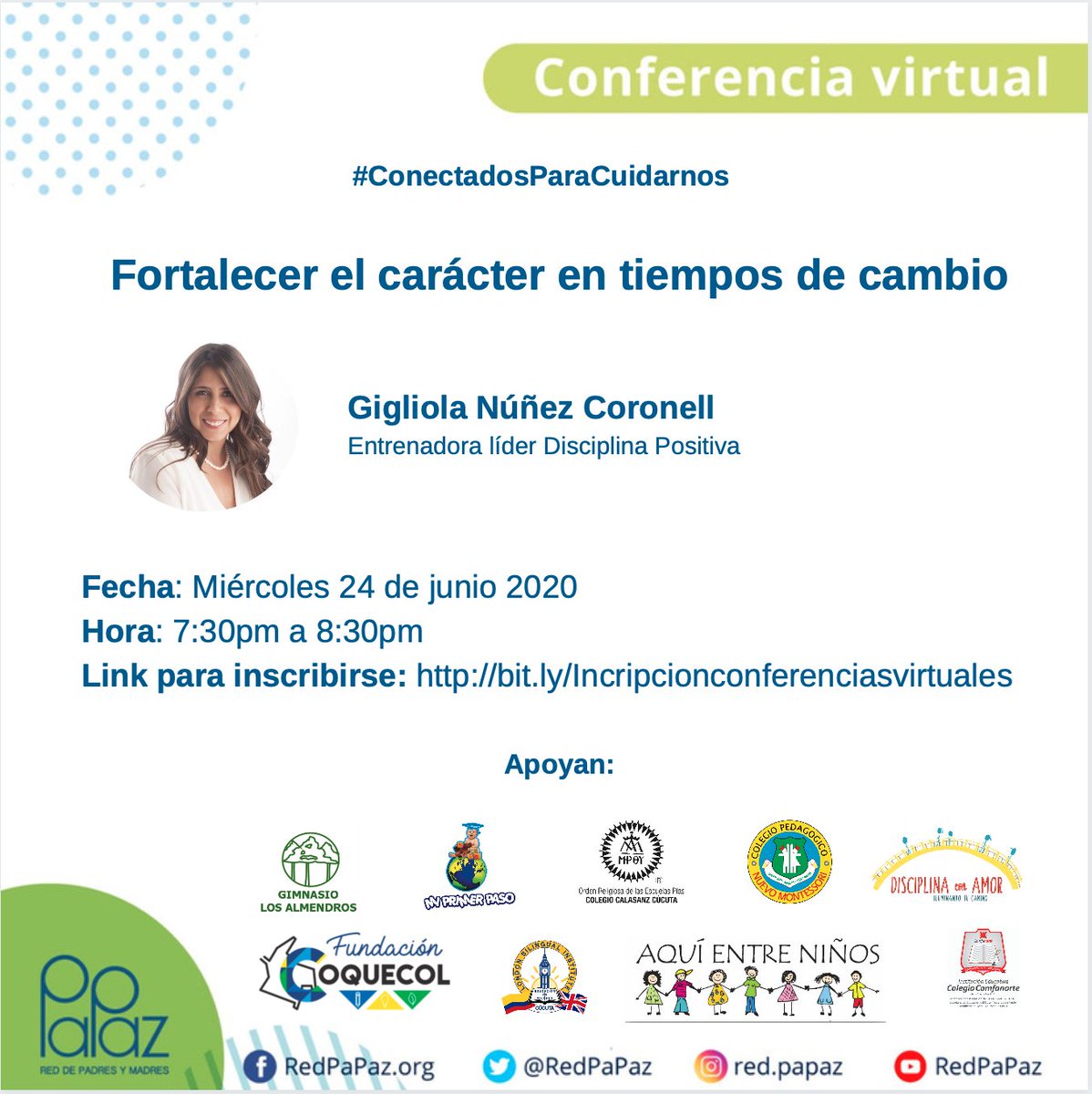 RedPaPaz's tweet photo. Mañana a las 7:30pm no se pierda la conferencia virtual "Fortalecer el carácter en tiempos de cambio" con Disciplina con amor 
Inscríbase en https://t.co/ZqfXjgIkTh
Los esperamos https://t.co/wECUqrtiyd