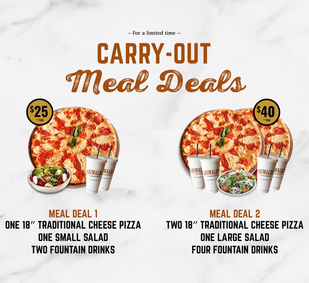 LaPalmeraMall's tweet photo. Up your #TakeOutTuesday with @GrimaldisPizza carry-out Meal Deals! Don't forget — extra toppings can be added on for an additional price. Call (361) 980-8600 to place your order. #CurbYourHunger #CarryoutOnly

Learn more at https://t.co/6EQdnCozDD. https://t.co/tv8g0JU34I