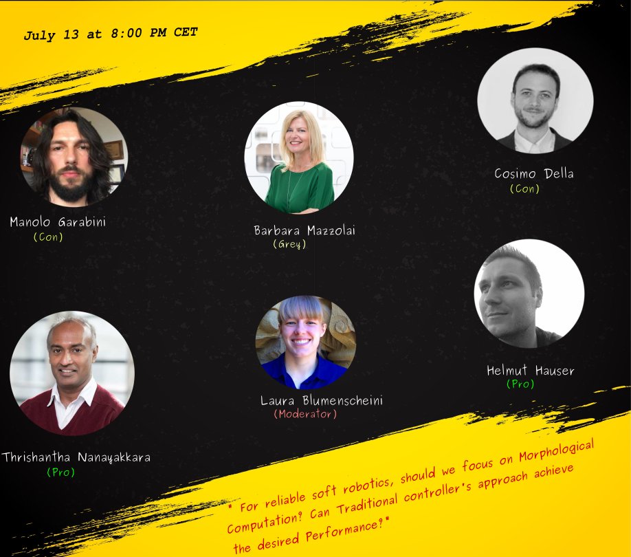 On behalf of IEEE RAS Soft Robotics TC, we are thrilled to announce launching the first soft robotics debate. We hope this the start for healthy debates in our field, having the freedom to think differently for deep understanding 
<a href="/MorphComp/">Helmut Hauser</a> <a href="/thrishlab/">Thrishantha Nanayakkara</a>  <a href="/SMHadiSadati/">S.M.Hadi Sadati, PhD</a> <a href="/ieeeras/">IEEE RAS</a>