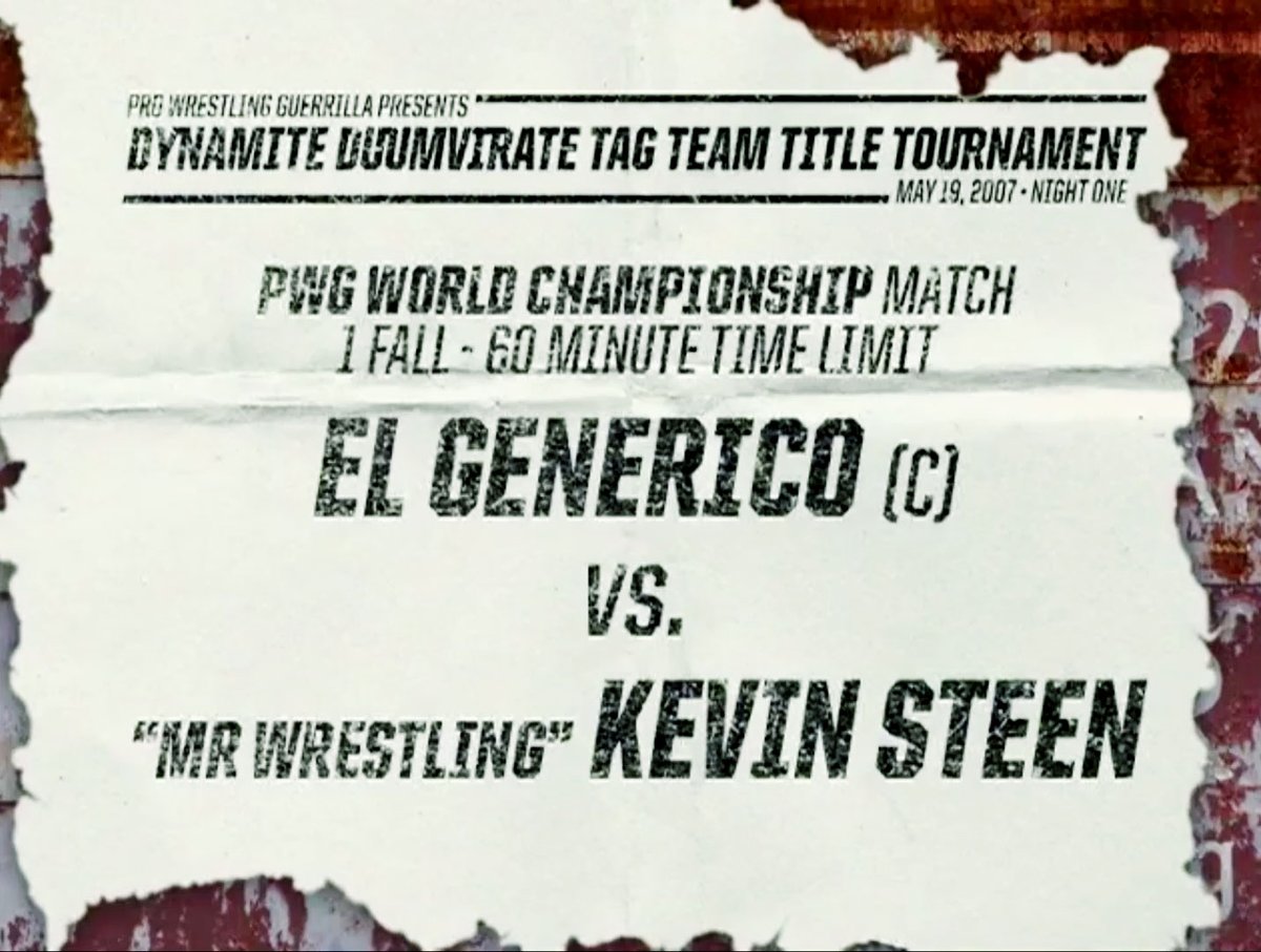 [Thread] May 15, 2007, PWG DDT4. World championship match, El Generico (c) versus Kevin Steen.This is a case study in how the chemistry between the wrestlers and the audience can affect a match, because for whatever reason, this crowd was Not Into It.