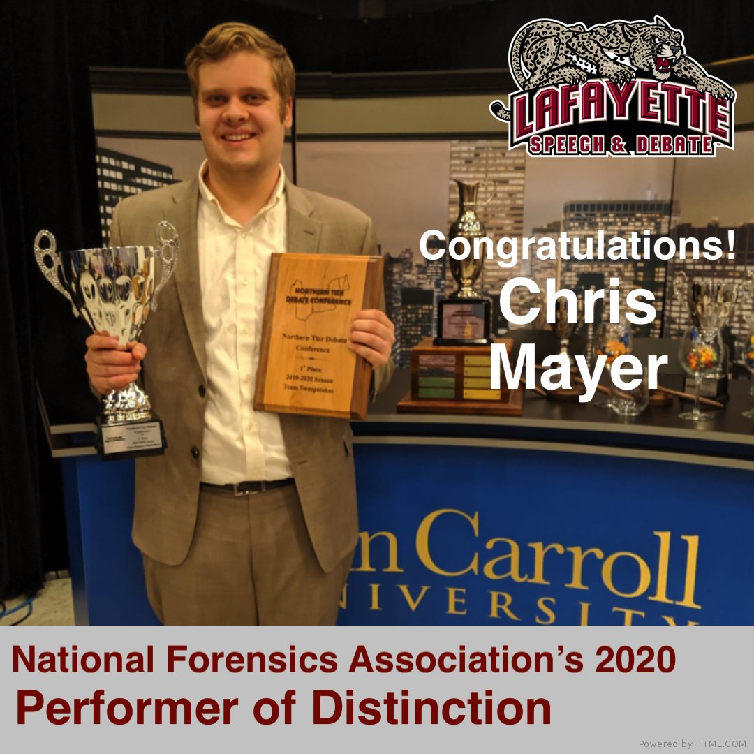 LAF_Forensics's tweet photo. Congratulations! Chris Mayer '20 was named a Performer of Distinction by the National Forensics Association!  Chris was honored with a Performance of Distinction award Extemp, Impromptu, and Debate.  He is the ONLY senior recognized in both speech AND debate! https://t.co/uC5bIICrXC
