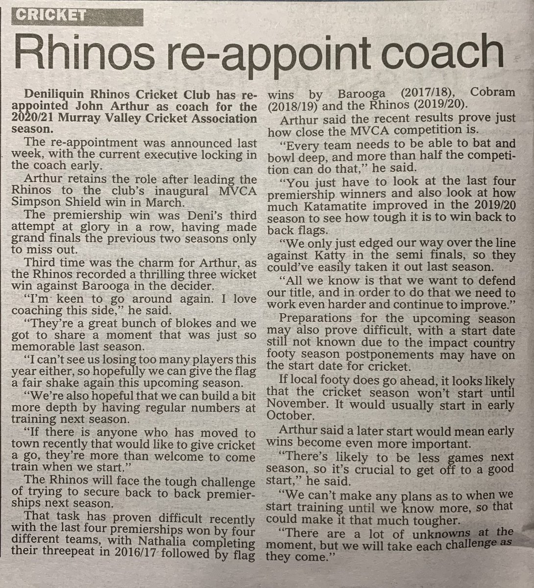 The Rhinos are pleased to announce the Re-appointment of Premiership Winning Coach John Arthur for the 2020/2021 <a href="/Murray_ValleyCA/">Murray Valley CA</a> Season