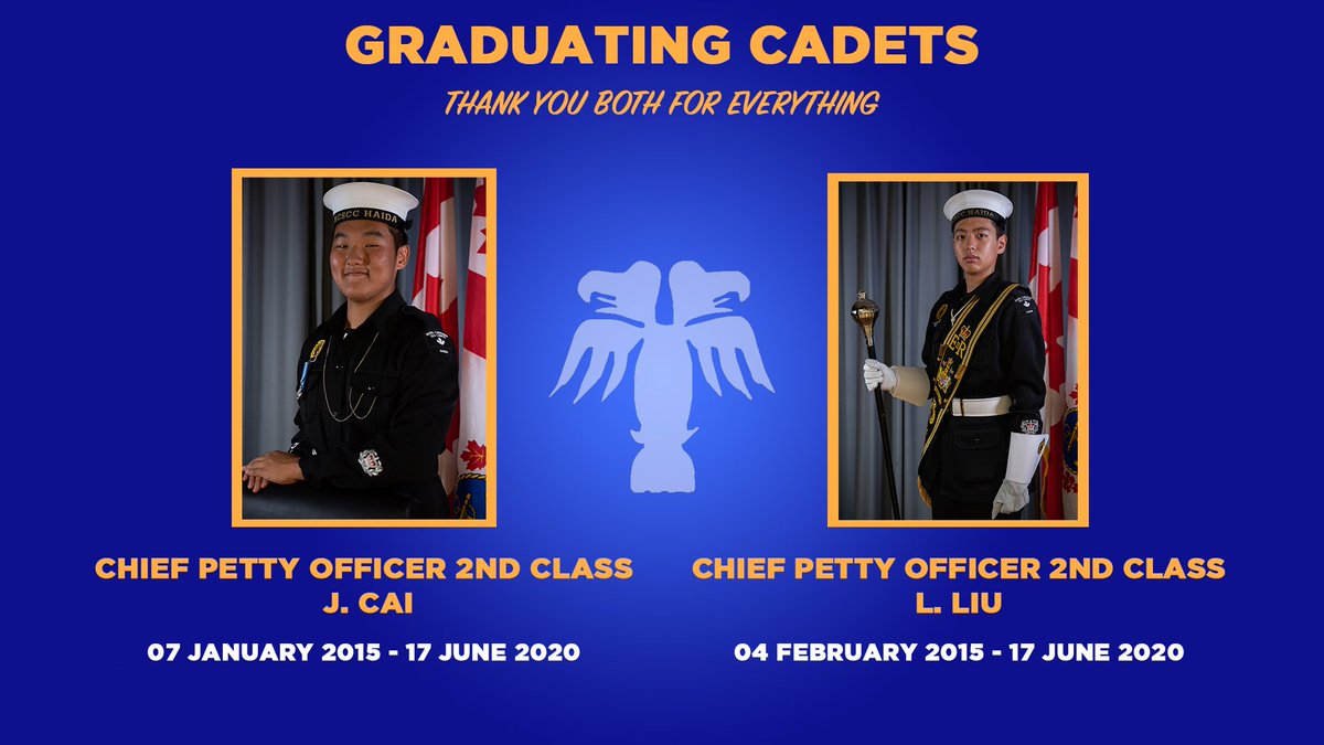Our next two graduating cadets are none other than CPO2 J. Cai and CPO2 L. Liu! You both have contributed significantly to Haida as outstanding Instructors. Haida is incredibly proud of you both for everything you have accomplished! Congratulations and be sure to come visit 🖤💛