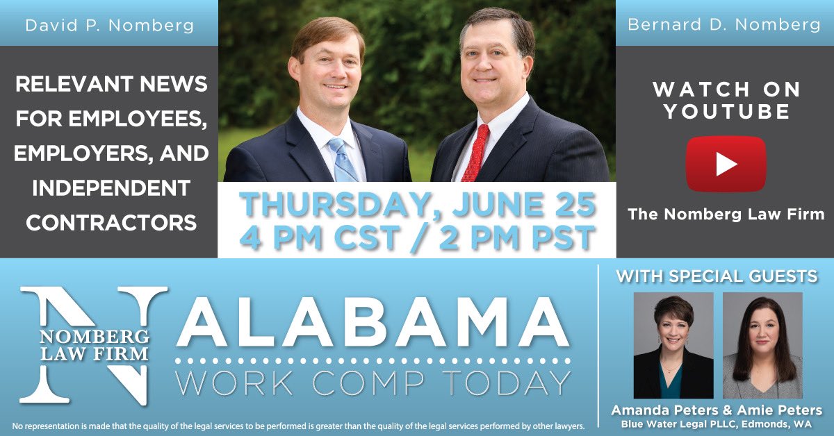 Alabamaworkcomp's tweet image. Later this week will be our monthly show - Alabama Work Comp Today. We will discuss current news and nationwide topics dealing with employment-related issues. As we have in the past few months, we will focus on the impact of the COVID-19 pandemic has on various employment laws.