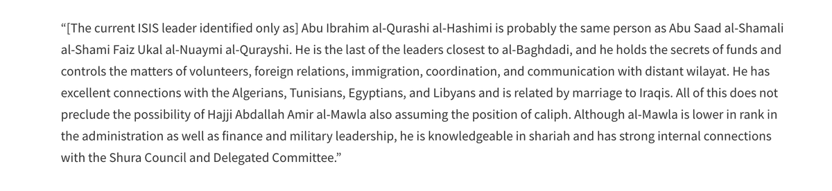 The most senior ISIS leader in Iraqi custody recently told  @hushamalhashimi Abu Saad was the same as Abu Ibrahim al-Qurashi, or at least one of the only 2 likely names. This, if anything, indicates how important the person was.  https://cgpolicy.org/articles/interview-isiss-abdul-nasser-qardash/More recent details below