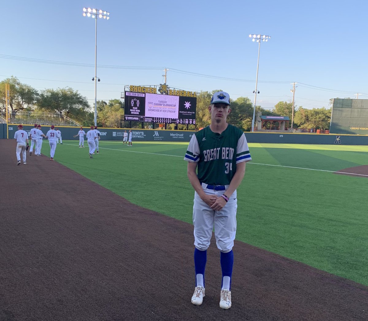 Sophomore pitcher John Zerr playing at Eck Stadium, home of the Wichita State Shockers in the Sunflower Collegiate League for the Great Bend Bat Cats. Best outing of the year so far has been three innings, giving up one run on three hits with one strikeout.
