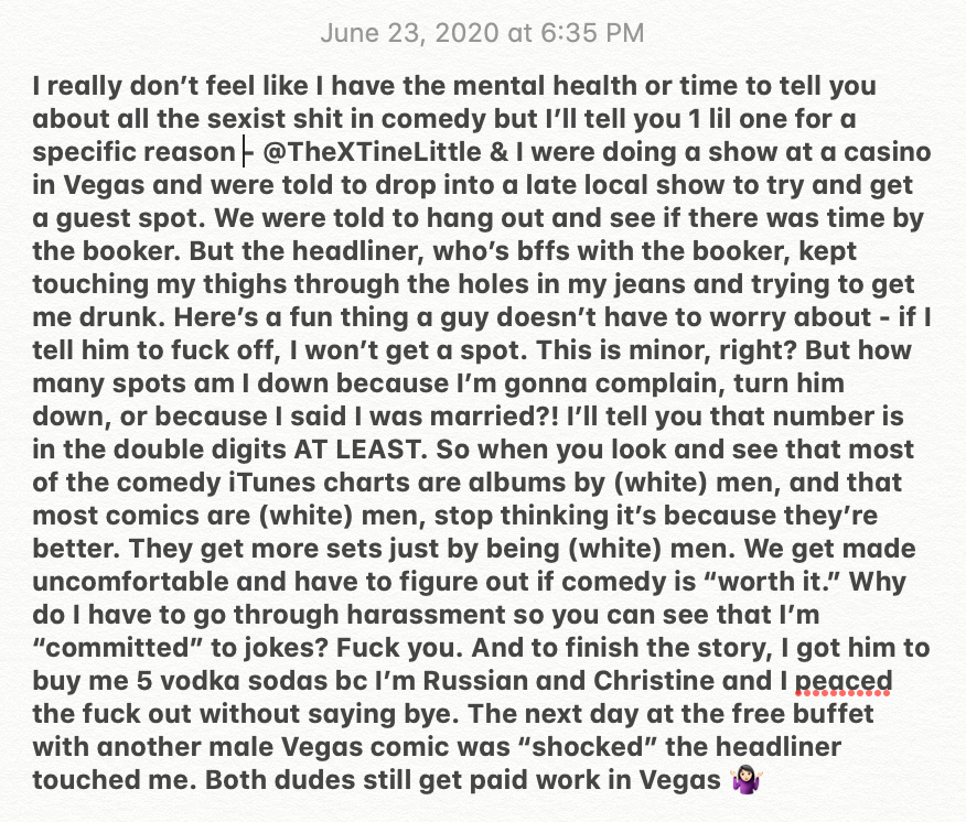 TheSofiya's tweet photo. A quick story to address comments like: "Women comedians aren't charting on iTunes because they're not as funny as men. Women comedians aren't booked as much because there are fewer of them." https://t.co/zJsrzUS7TK
