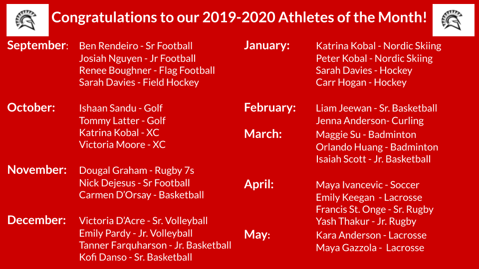 Congratulations to this year's ATHLETES OF THE MONTH! Selected by their coaches for leadership, commitment and teamwork. <a href="/LPspartansports/">Lorne Park</a> @MsNoonLP
