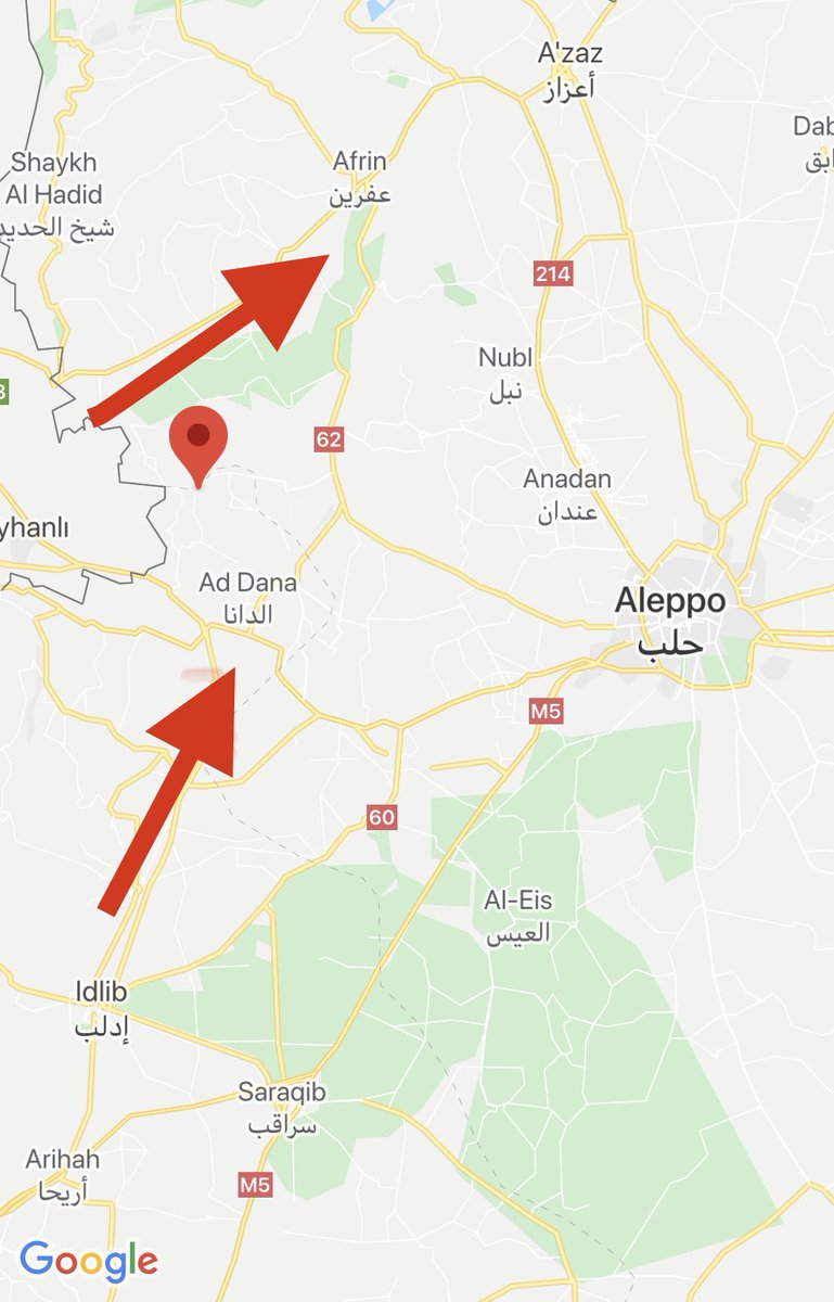The marked is where he was first ambushed by HTS, not very far from the former stronghold of ISIS in 2013-2014 ad-Dana (also not far from where Abu Bakr al-Baghdadi was found & killed). The Kurdish area of Afrin is to the north, where ISIS members were recently targeted by the US