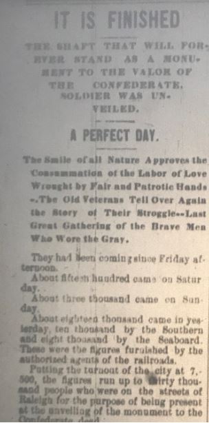 First, the May 21, 1895 edition of The NandO described the monument dedication, which happened the day before, as "a perfect day." Estimated crowd at 30K. "The shaft will forever stand as a monument" to the Confederacy.