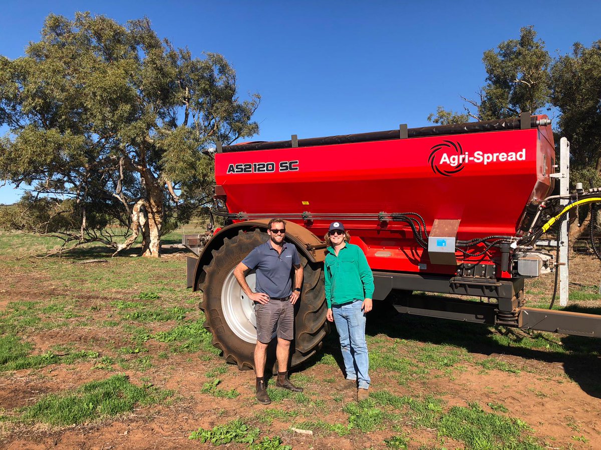 waringaag's tweet photo. Jack Edwards from Chapman Valley WA, with @mcintoshandson rep Craig Harrington testing out their new AgriSpread AS2120 section control machine fitted with 520/85/R32 lug tyres #sectioncontrol #accuracy #spread2020 #spreadwithred #agrispread https://t.co/TKaJbhk9G4