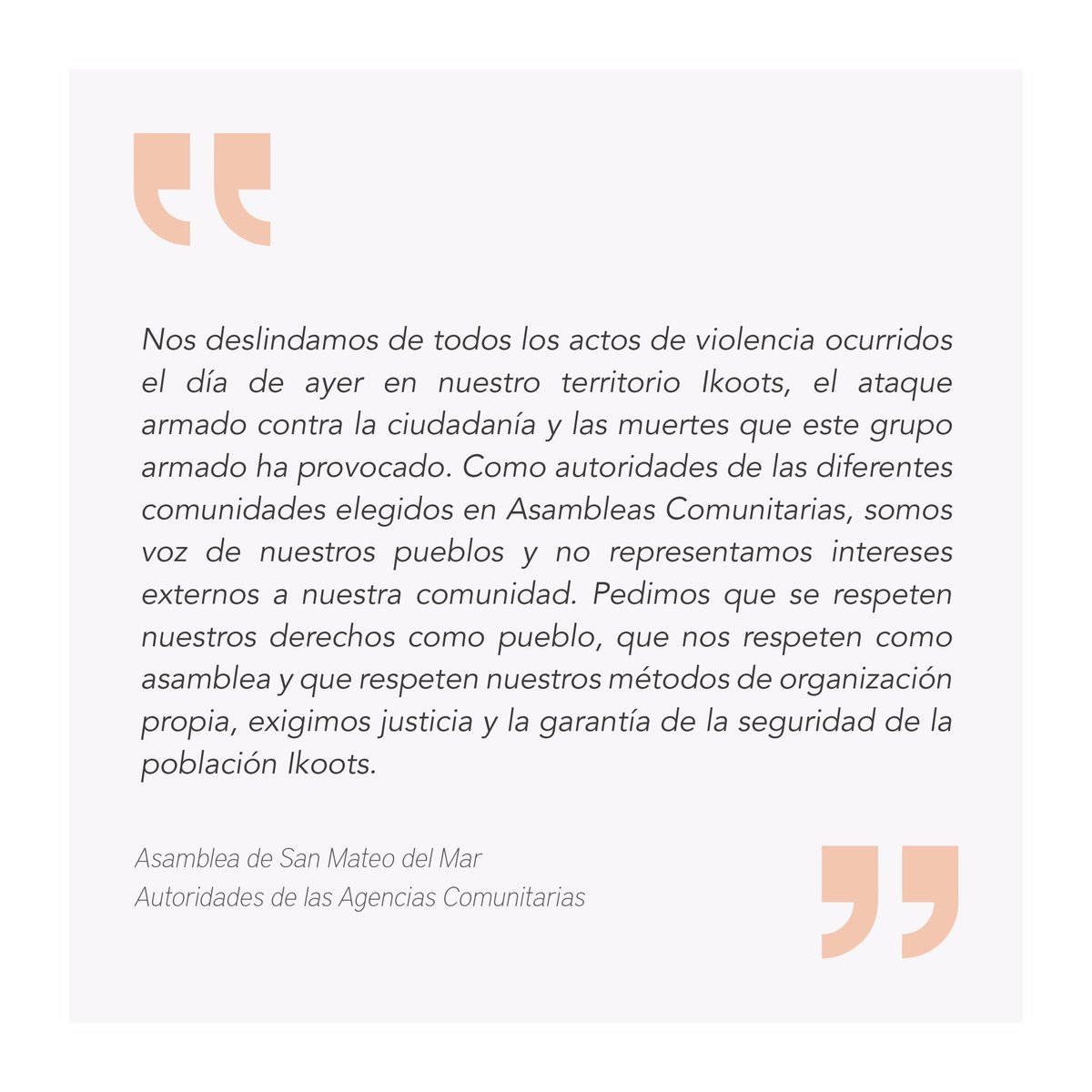 ReconstruccionI's tweet photo. Compartimos algunos extractos del comunicado de las comunidades ikoots de #SanMateoDelMar #Oaxaca y les acompañamos en este camino para recuperar la seguridad y garantizar la integridad de todas las personas. https://t.co/v7QdR6vy3E
