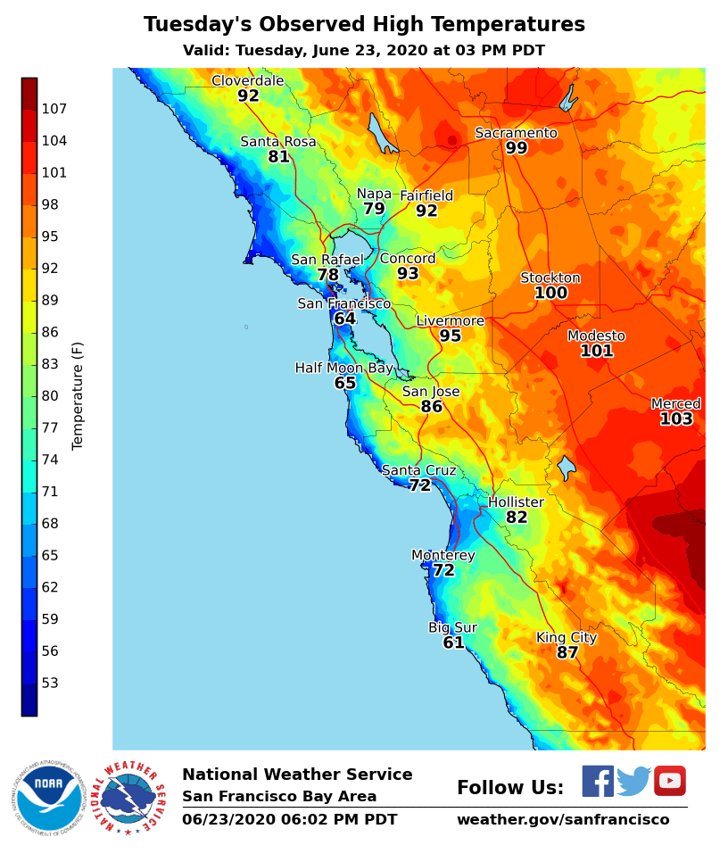 NWSBayArea's tweet photo. Up to 40 deg. of temperature difference across our region today as this map of observed high temps shows. Highs ranged from foggy 60s at the ocean to around 100 near #LakeBerryessa and #PinnaclesNP. Temps tomorrow are forecast to be similar except warmer in the North Bay. #CAwx https://t.co/NXAqpD1P32