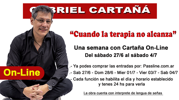 TEATRO EN CASA. ¨Cuando la Terapia no Alcanza¨. Con Interprete en LSA (Lengua de Señas Argentina). Entradas a la venta en: Passline.com.ar
<a href="/GabrielCartana/">Lic. Gabriel cartaña</a> <a href="/BenditaOk/">Bendita</a> @Bien_Levantado <a href="/alemaglietti/">Alejandra Maglietti</a> <a href="/elbetocasella/">Beto  Casella</a> <a href="/veronicavarano/">veronica varano</a>