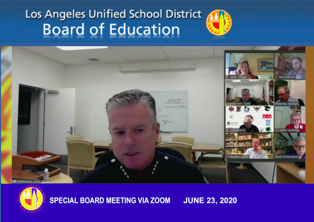 LASPD Chief Todd Chamberlain has now been given space to give a spiel about how compassionate and caring the  @LASchoolPolice are, and how scary and crime-ridden schools are. He predictably emphasizes the specter of mass shootings.