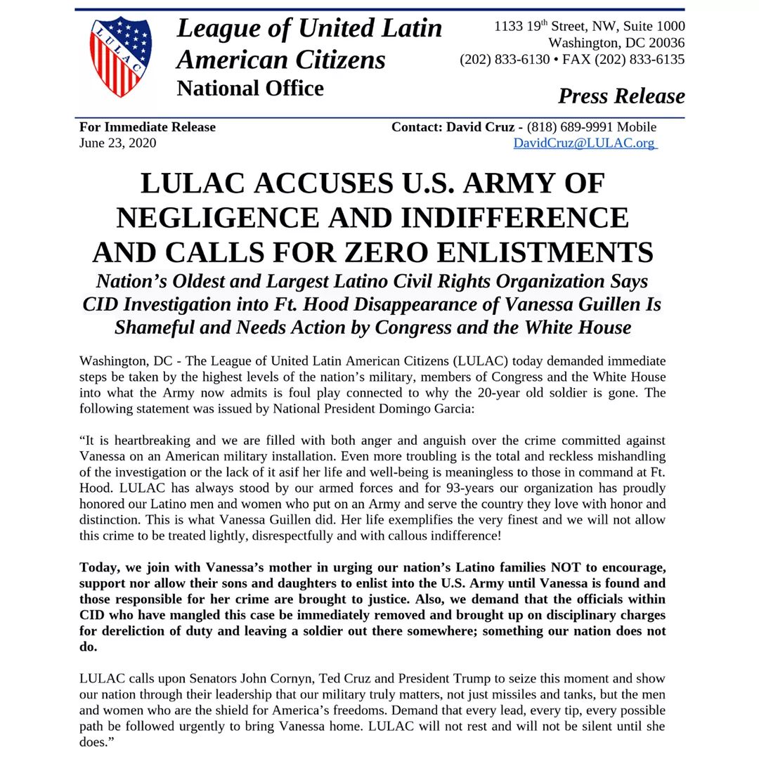 Domingotexas's tweet photo. LULAC ACCUSES U.S. ARMY OF NEGLIGENCE AND  INDIFFERENCE AND CALLS FOR ZERO ENLISTMENTS

#WhereIsVanessaGuillen #FindVanessaGuillen #IamVanessaGuillen #VanessaGuillen https://t.co/E95Kr6EjZ9
