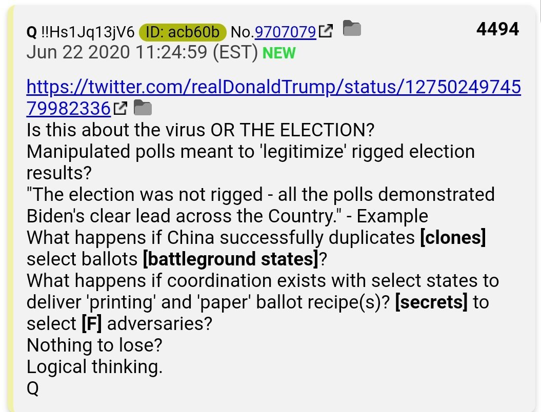 45.  #QAnon What happens if China successfully duplicates [clones] select US ballots in battleground states? [D]s rigging election w [F]oreign help. #Q