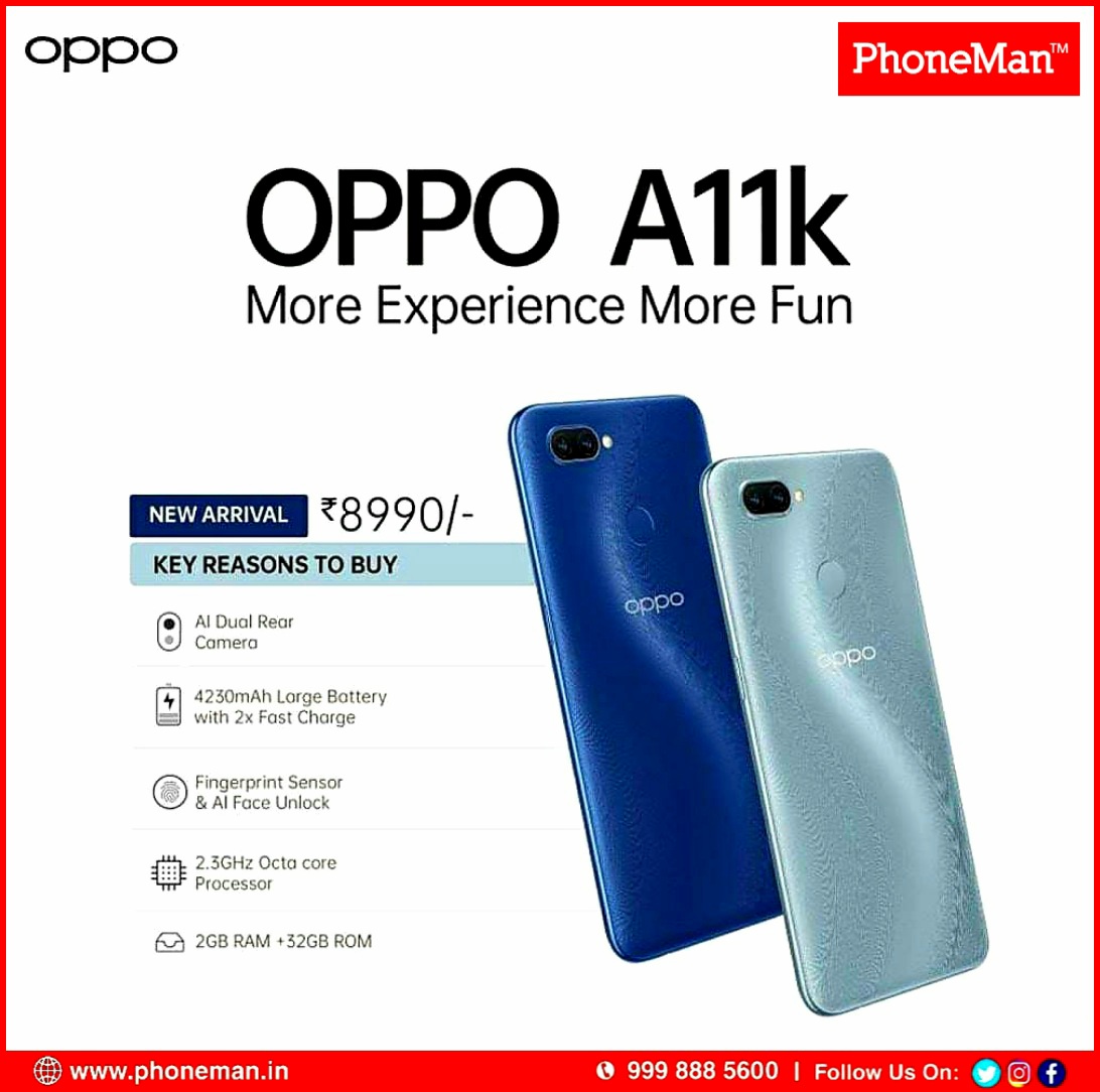 ThinkPhoneMan's tweet photo. it's Impressively clean look for in-hand comfort sleek design of 8.3mm &amp; lightweight body of 165gms. 
With More Experience More Fun

OPPOA11k is available in just ₹8990/-  on #PhoneMan Mobile Store 🏪
#ThinkMobileThinkPhoneMan https://t.co/Jv4roPguUO