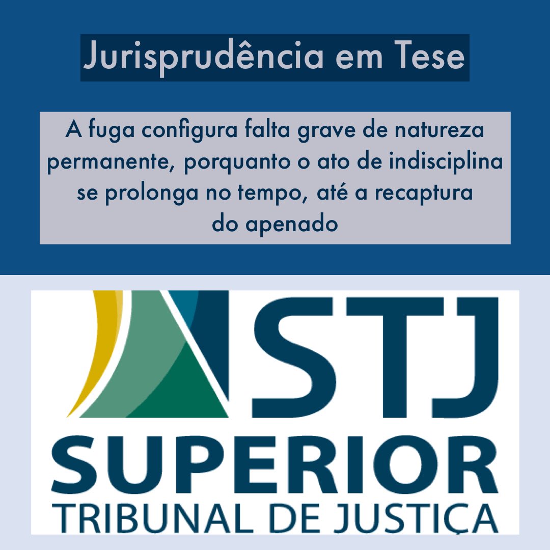 guasti_andre's tweet image. FUGA NA EXECUÇÃO PENAL. Tal entendimento é importante principalmente para fixação da data-base para aquisição de novos benefícios, ou seja, por se tratar de falta grave de natureza permanente, a data-base será a data da captura do apenado e não o momento da fuga. #execucaopenal