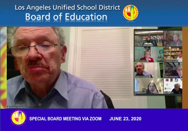 . @DrGeorgeMcKenna says he disagrees with the Goldberg/Gonez/Melvoin motion because if the LA School Police are limited to the perimeter of campus, they won't be able to "bond" with the students.