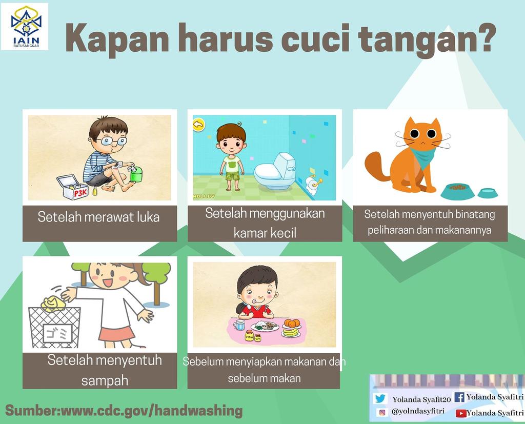 YolandaSyafit20's tweet photo. Assalamualaikum.. menjaga kebersihan tangan merupakan salah satu upaya kita untuk mencegah berbagai penyakit. Kapan saja kita harus mencuci tangan? Dalam poster diatas dijelaskan kita harus mencuci tangan setelah melakukan beraktivitas. Semoga bermanfaat. #kkniainbatusangkar2020 https://t.co/AboM3y2PS9