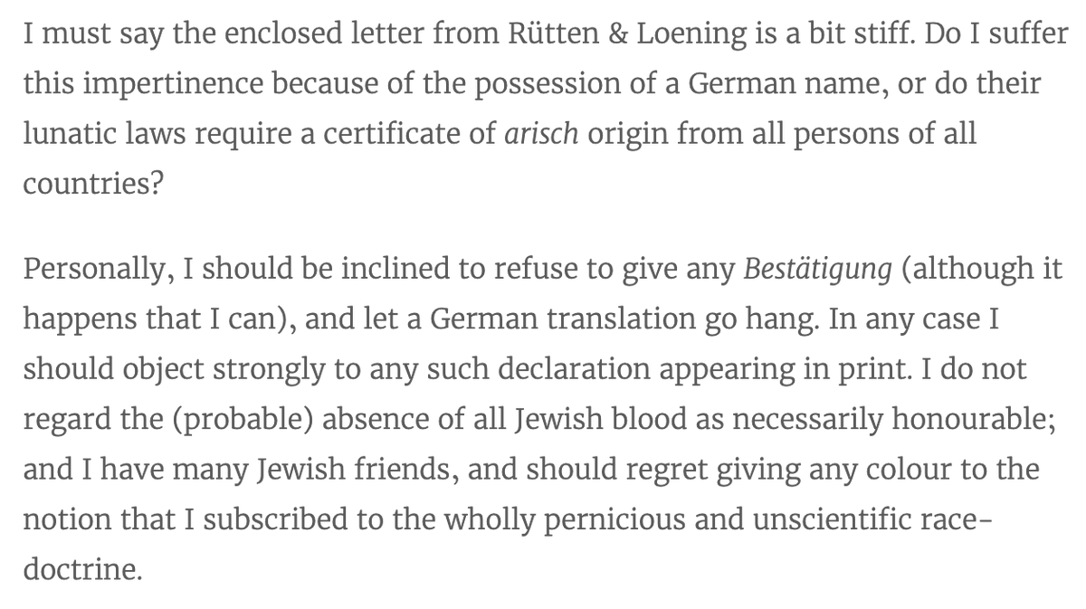 His British publisher forwarded the letter to Tolkien, who of course speaks fluent German because he's fluent in everything, and he absolutely loses his shit that they've found a way to apply their "wholly pernicious and unscientific race-doctrine" to The Hobbit.