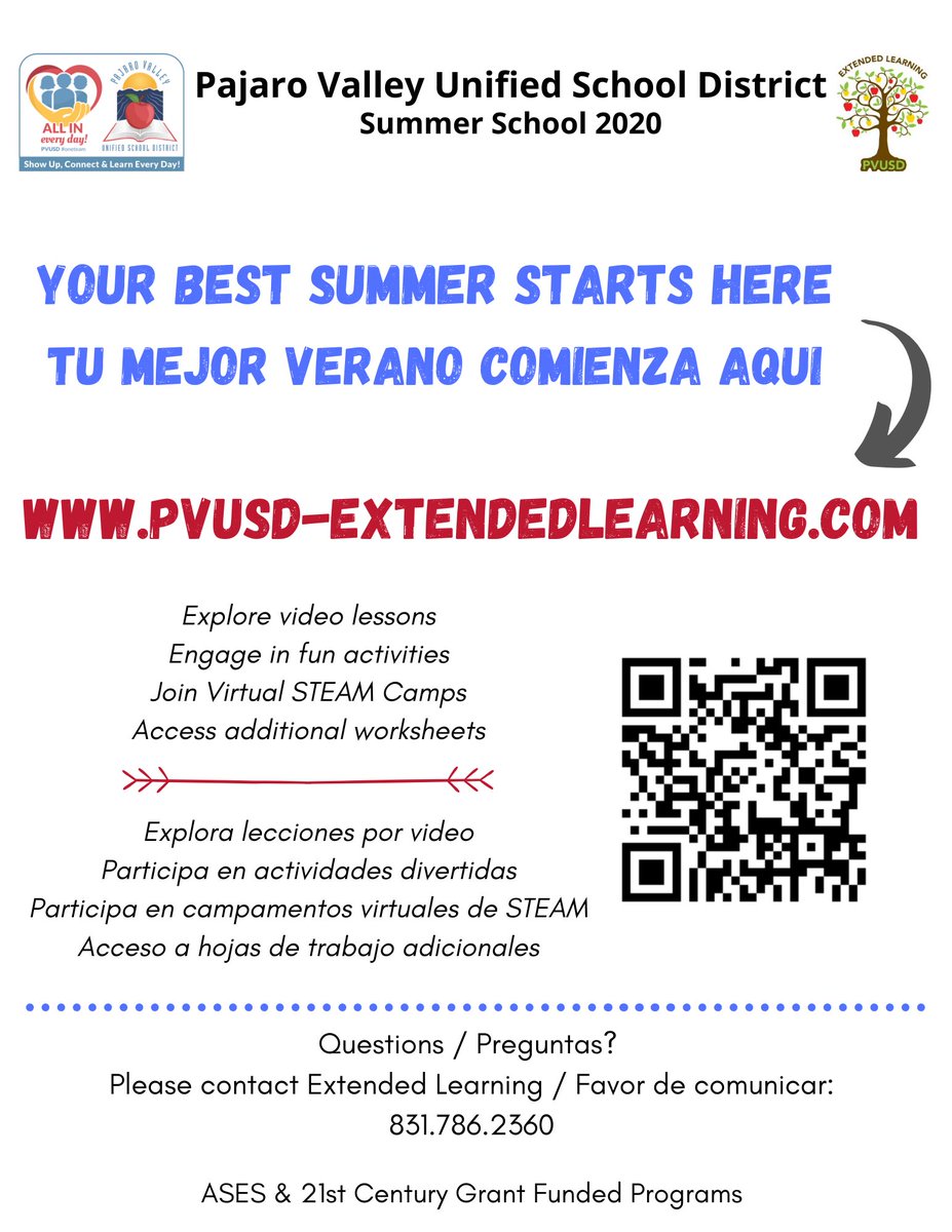 For all students K-8
Para todos los estudiantes K-8
⁦@ExtLearnPVUSD⁩ ⁦<a href="/PajaroValleyUSD/">Pajaro Valley Unified School District</a>⁩