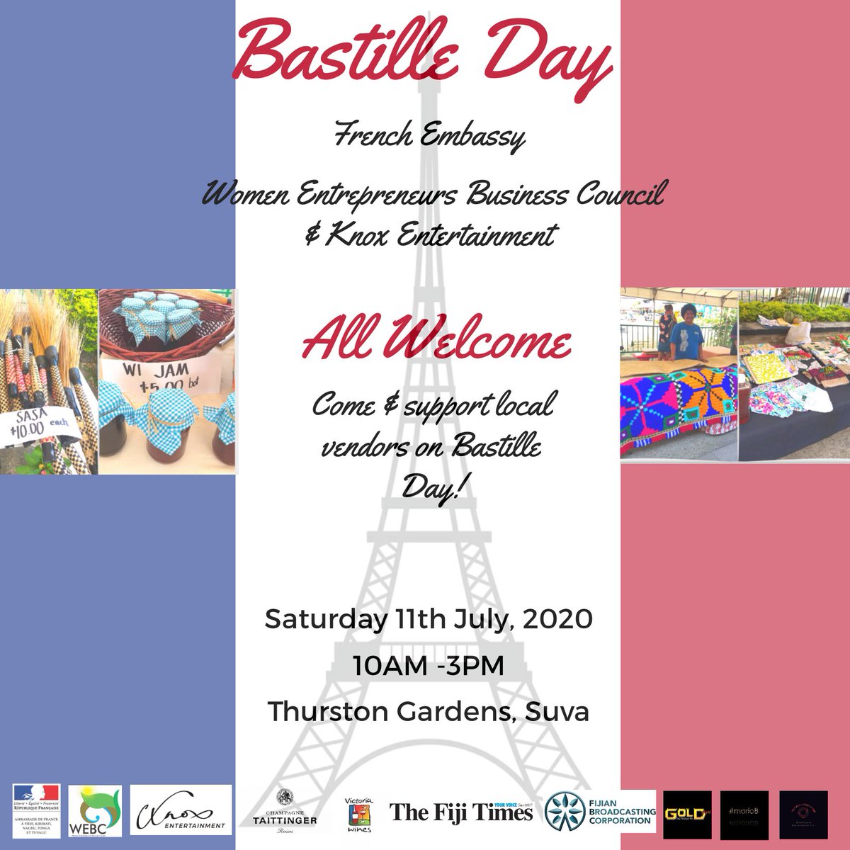 ambafrancefj's tweet photo. Mark the #date

Come down to Thurston Gardens on the 11th of July, to celebrate Bastille Day with us and our various market vendors from Women Entrepreneurs Business Council and the Roc Market not forgetting the awesome team from Knox Entertainment.

All Welcome &amp; see you there. https://t.co/UcnhBvFAtI