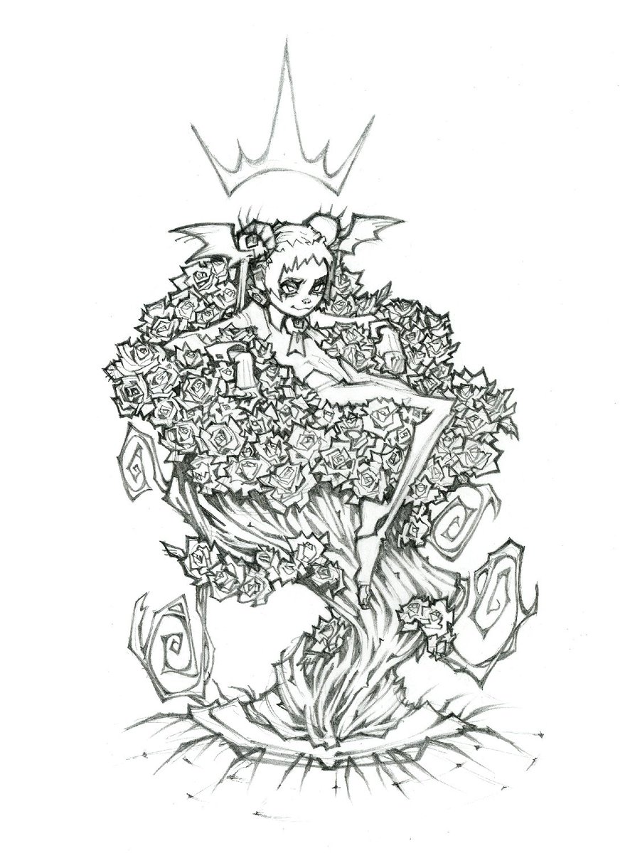 Krooked_Glasses's tweet photo. Lizzi all snug on a fantastically improvised throne of roses. Drawn traditionally on basic copy paper with some digital clean-ups.🌹 https://t.co/M0ioXMKAJk