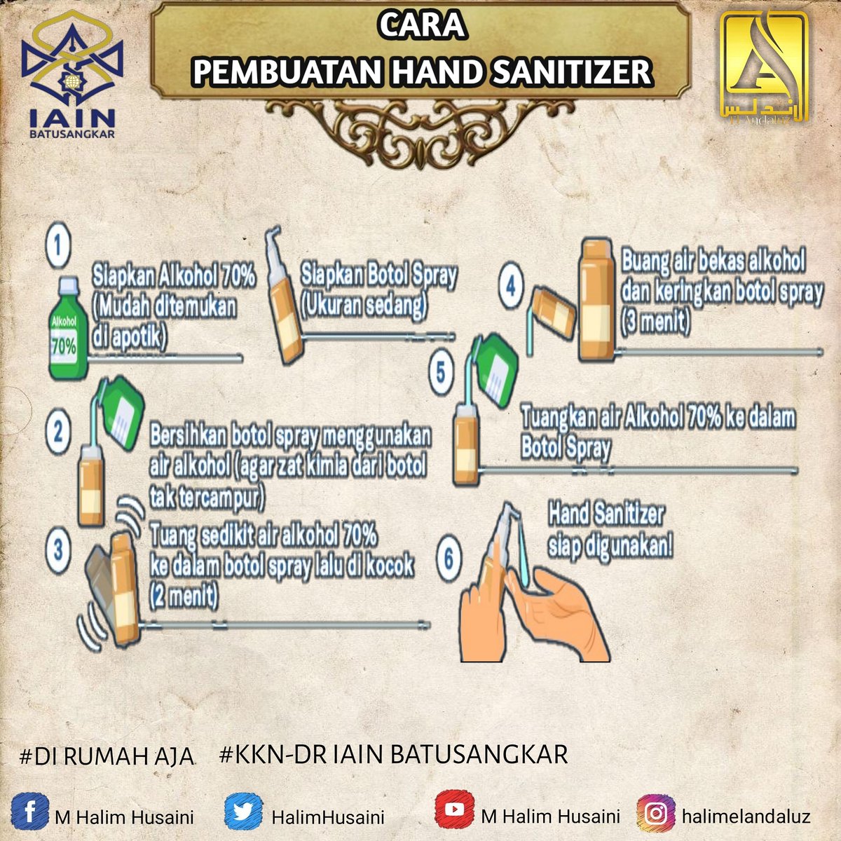 HalimHusaini's tweet photo. Assalamu'alaikum teman2 semua semoga selalu dalam keadaan sehat wal Afiat ...ini adalah cara pembuatan hand sanitizer teman2 bagi yg belum tau yuk praktekin teman2 ..dan sebarin ke teman2 lai okay..
.
#kkndriainbatusangkar2020 
#lawancovid19 
#dirumahaja https://t.co/QBk3guJFEU