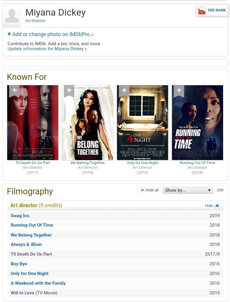 FuckChrisStokes's tweet photo. There isn’t much info on Miyana between 2016-2018 BUT she was credited as an Art Director for a number of Chris Stokes movies spanning between 2015-2019.

(Source: IMDB) https://t.co/MYCllzu2Tp
