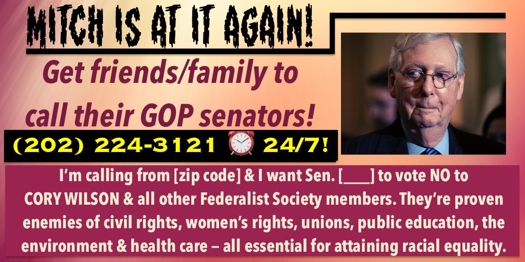 SallyDeal4's tweet photo. @BryanDawsonUSA What's next? How about another LIFETIME judicial seat filled with another right-wing extremist?
🔥The final vote is at 11:30am ET - June 24.🔥
The Capitol Switchboard runs 24/7. Call your senators & get friends in RED states to call theirs ASAP.
#StopWilson! https://t.co/rCovHQYoHn