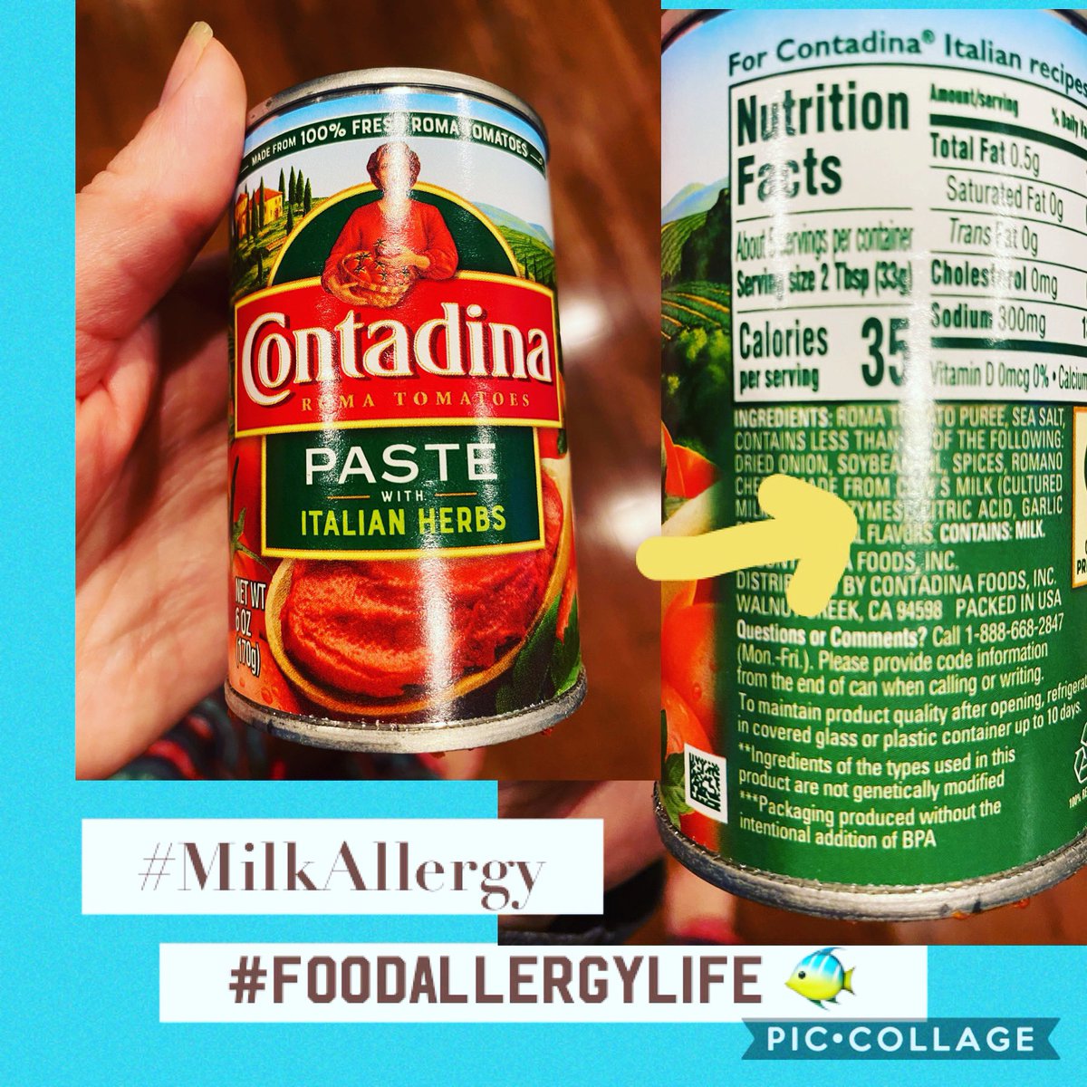 Took me by surprise tonight to find milk in tomato paste! I guess Italian herbs = Romano Cheese? 🤔. Thankful for this company’s ingredient label and contains statement! Please read every label, every time! #MilkAllergy #anaphylaxis #foodallergies #EOE