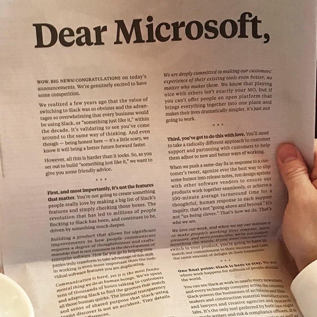 13/ when Microsoft launched Teams, Slack took out a full-page ad in the New York times patronizingly addressing their competition. this is an example of beef against a competitor.