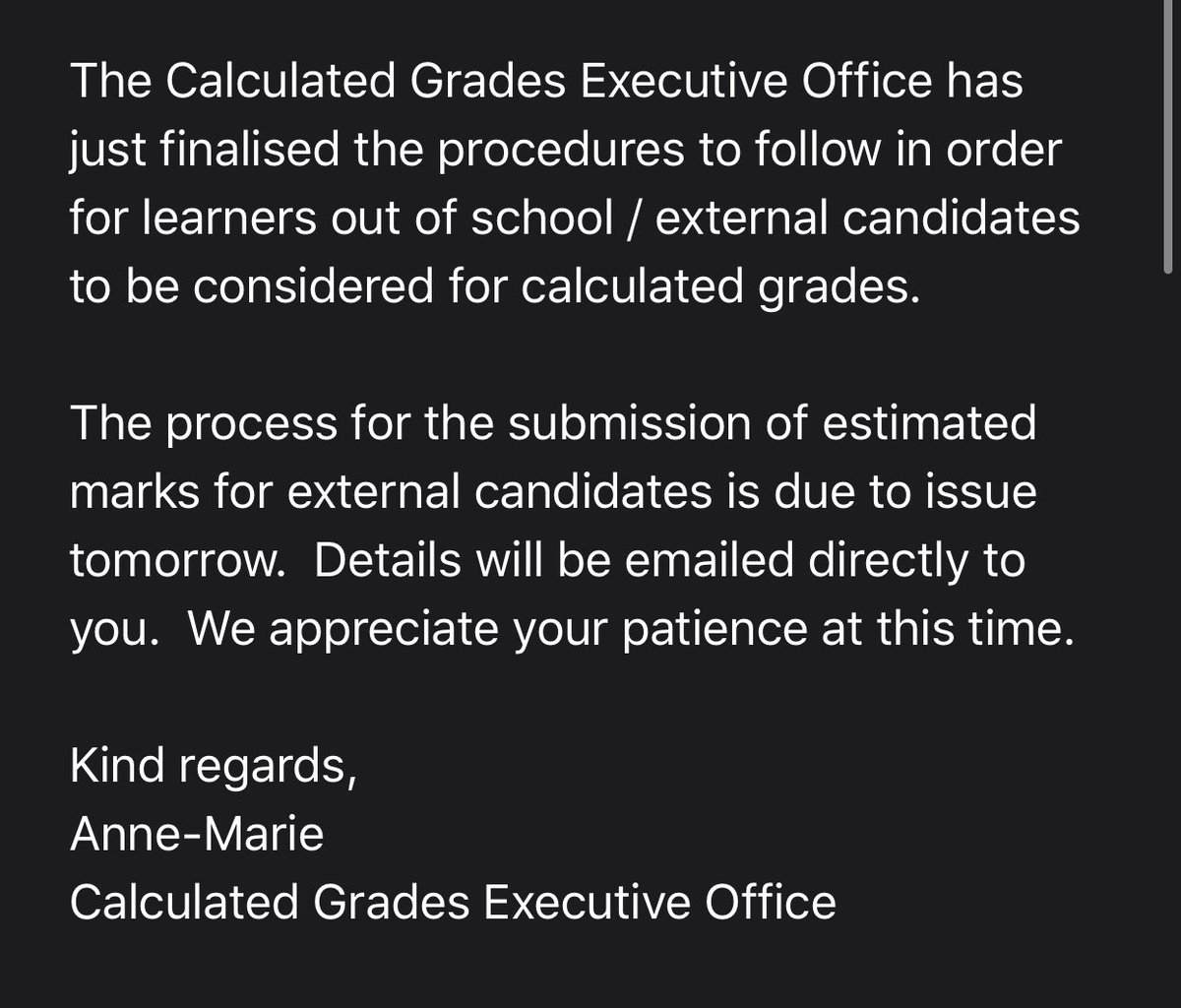 A few external candidates received this email on Monday after contacting the CGEO. We waited all day yesterday and received no email. What is being done in regards to external candidates is unheard of! False promises and lies. <a href="/McHughJoeTD/">Joe McHugh</a> #leavingcert2020