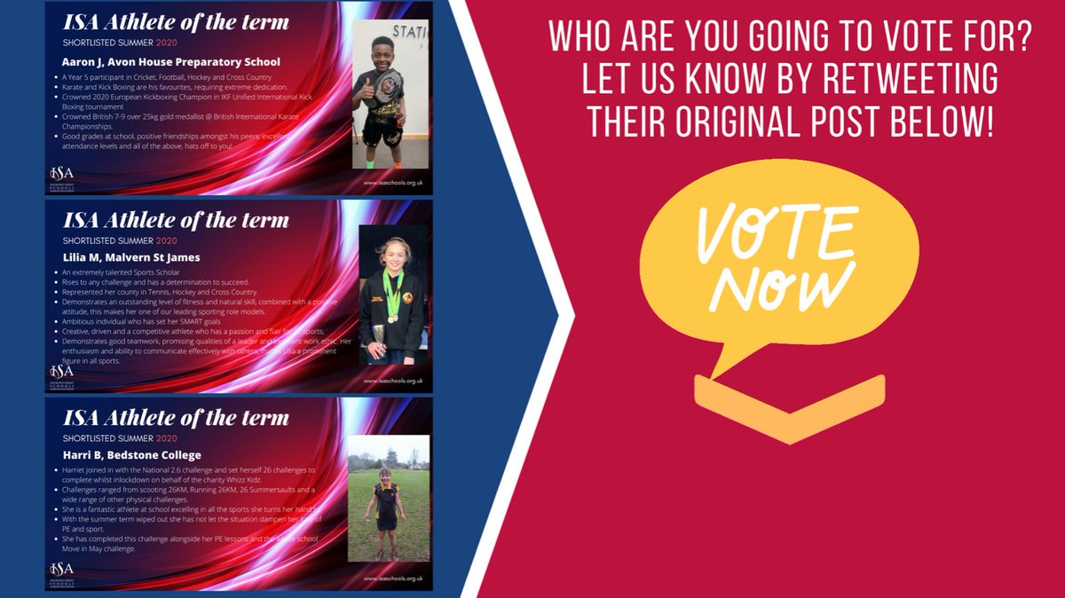 The <a href="/isaschools/">The Independent Schools Association (ISA)</a> Summer Athletes of the Term are here! RT their original tweet to vote for them.
 
Aaron from <a href="/avon_house/">Avon House School</a>
Harri from <a href="/BedstoneCollege/">Bedstone College</a>
Lilia from @MalvernStJames
 
Deadline for voting Midday Friday 26 June.

#ISAathleteoftheterm