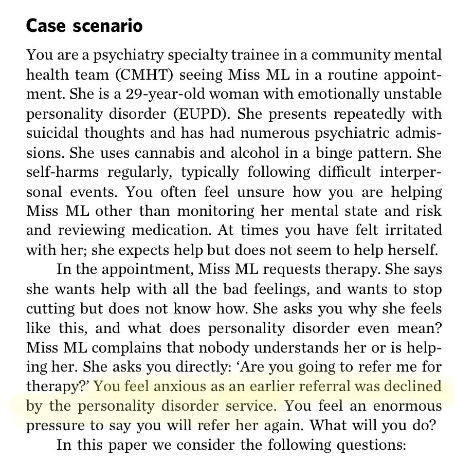 The paper highlights a common clinical problem - people with complex problems, suicidal thoughts, difficulties with substances with frequent admissions cared for in CMHT style settings can’t access psychological therapies & CMHT not doing much more than monitoring & prescribing