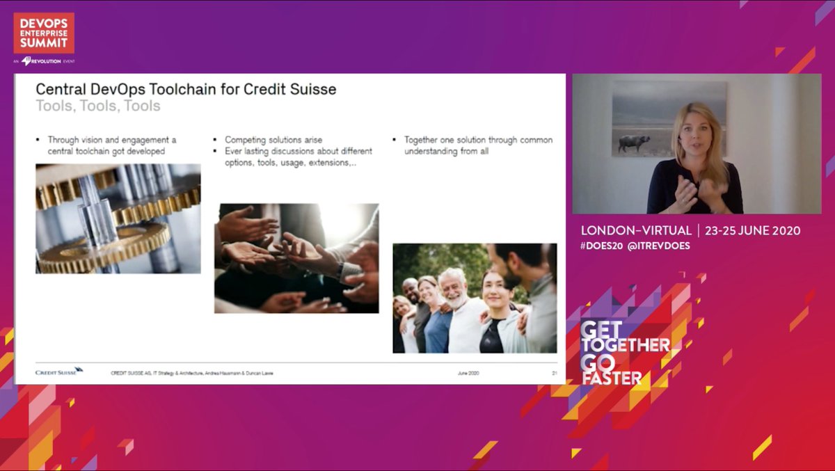 serlanger's tweet photo. Credit Suisse's central DevOps toolchain is used by 40,000 users and unifies the organization across both business and technical roles. #DOES20 @ITRevDOES @digitalaisw https://t.co/7GEliIPahZ