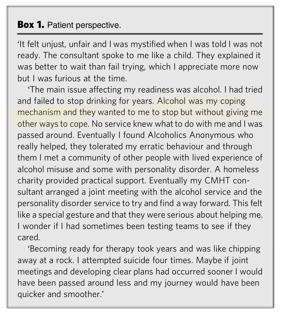 Another case...describing how it took years to become ready for therapy & for a joint meeting with the CMHT, alcohol service and personality disorder service was facilitated ( #traumanotPD) ...Who took years to become ready for therapy? The patient? Or the services?
