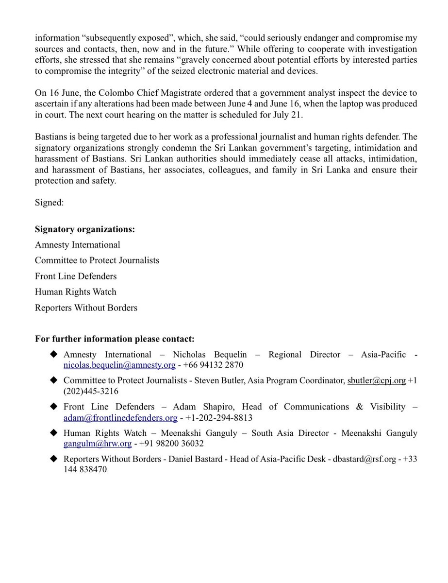 Sri Lanka: End Persecution of Journalist Dharisha Bastians Targeted for Reports, Defense of Human Rights.  https://www.amnesty.org/en/documents/asa37/2568/2020/en/  #lka  #srilanka  #journalismisnotacrime  @tingilye