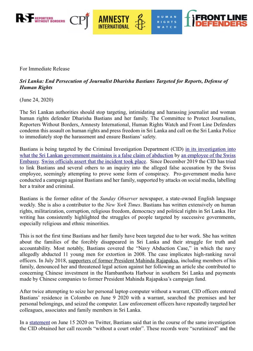 Sri Lanka: End Persecution of Journalist Dharisha Bastians Targeted for Reports, Defense of Human Rights.  https://www.amnesty.org/en/documents/asa37/2568/2020/en/  #lka  #srilanka  #journalismisnotacrime  @tingilye