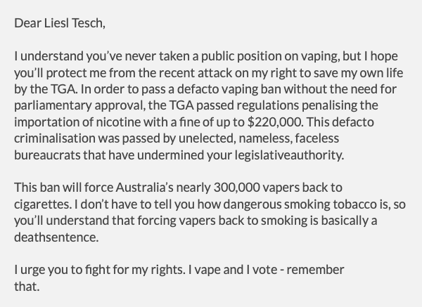 jay_akins's tweet photo. @LieslTesch 

On Friday the federal gov announced that they’re effectively banning vaping in Aus by making it an offence to import nicotine for personal use.  

With multiple vape shops on the coast this will affect their trade and force thousands back to smoking

#LegaliseVaping https://t.co/bsX19NlmXX