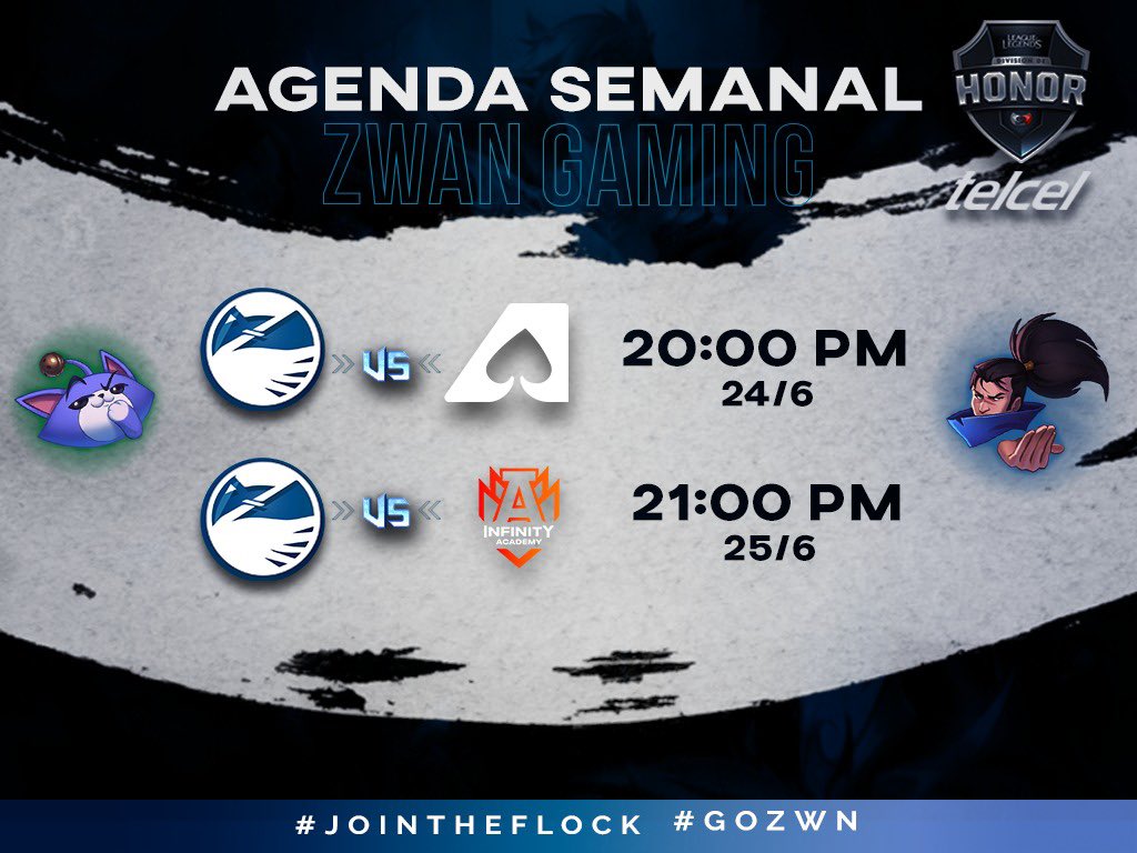 zwan_gg's tweet photo. ¡Les compartimos nuestra agenda semanal para esta jornada en la @LVPmexLoL Esperamos contar con su apoyo para enfrentar a Team Aze. Nos vemos mañana a partir de las 8:00 PM (MEX). LVP Liga de Videojuegos Profesional. #GoZWN #Jointheflock https://t.co/B87rTm6ikN