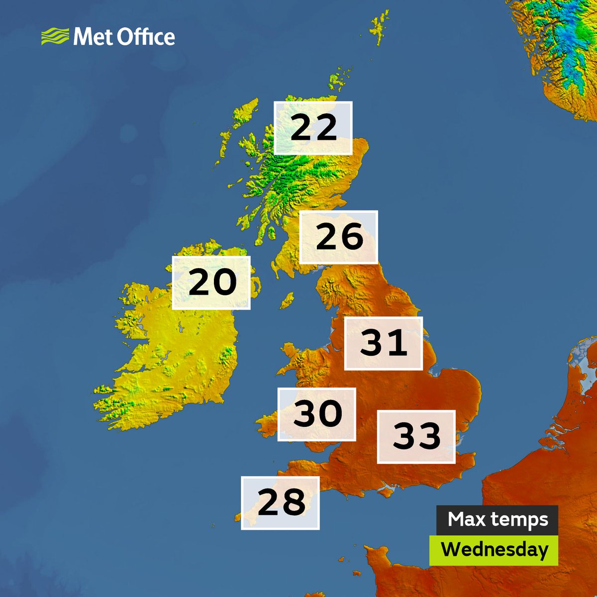 metoffice's tweet photo. The #UKHeatwave started yesterday, and will continue today and tomorrow with max temps in the high twenties or low thirties for many 🌡️ https://t.co/dXVklpHrh9