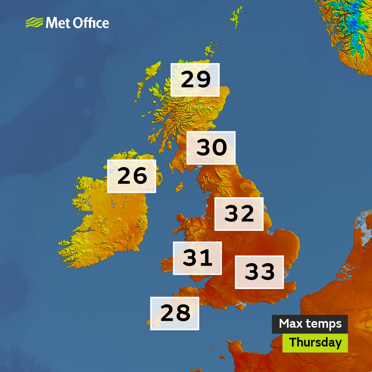 metoffice's tweet photo. The #UKHeatwave started yesterday, and will continue today and tomorrow with max temps in the high twenties or low thirties for many 🌡️ https://t.co/dXVklpHrh9