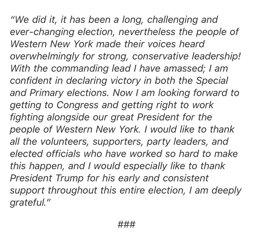 JacobsNY23's tweet photo. Thank you to all of the voters and supporters who made this possible, and thank you to @realdonaldtrump for your early and consistent support! Time to get to work! https://t.co/GzAy9U8OJs