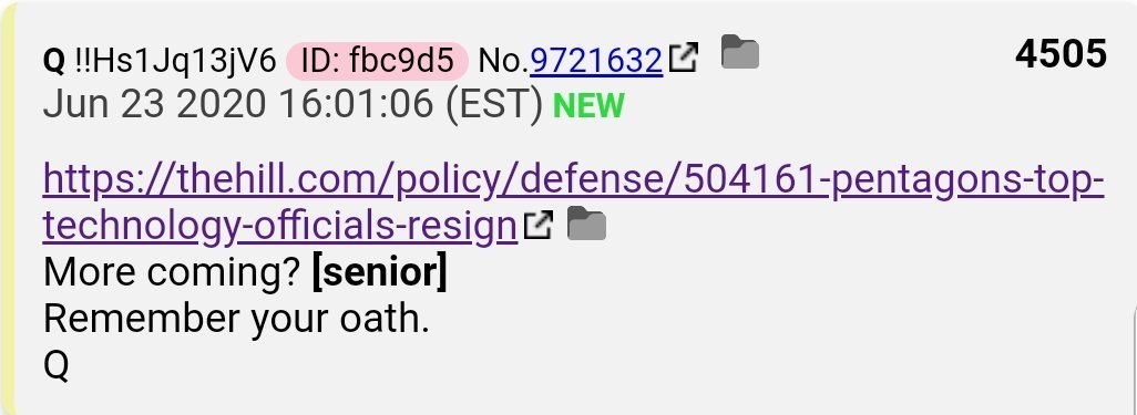 56.  #QAnon More senior level "military industrial complex" resignations are coming.  #Q  https://thehill.com/policy/defense/504161-pentagons-top-technology-officials-resign