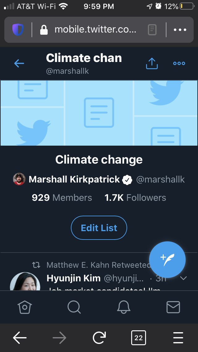 marshallk's tweet photo. If Twitter put a renewed highlight on Lists to follow, a week after I signed off on shutting down Little Bird, and one of its lasting legacies is a few thousand people following a peer-validated list of 900 Climate Change influencers I built with it, that’s awesome. https://t.co/h6GetGvRrL
